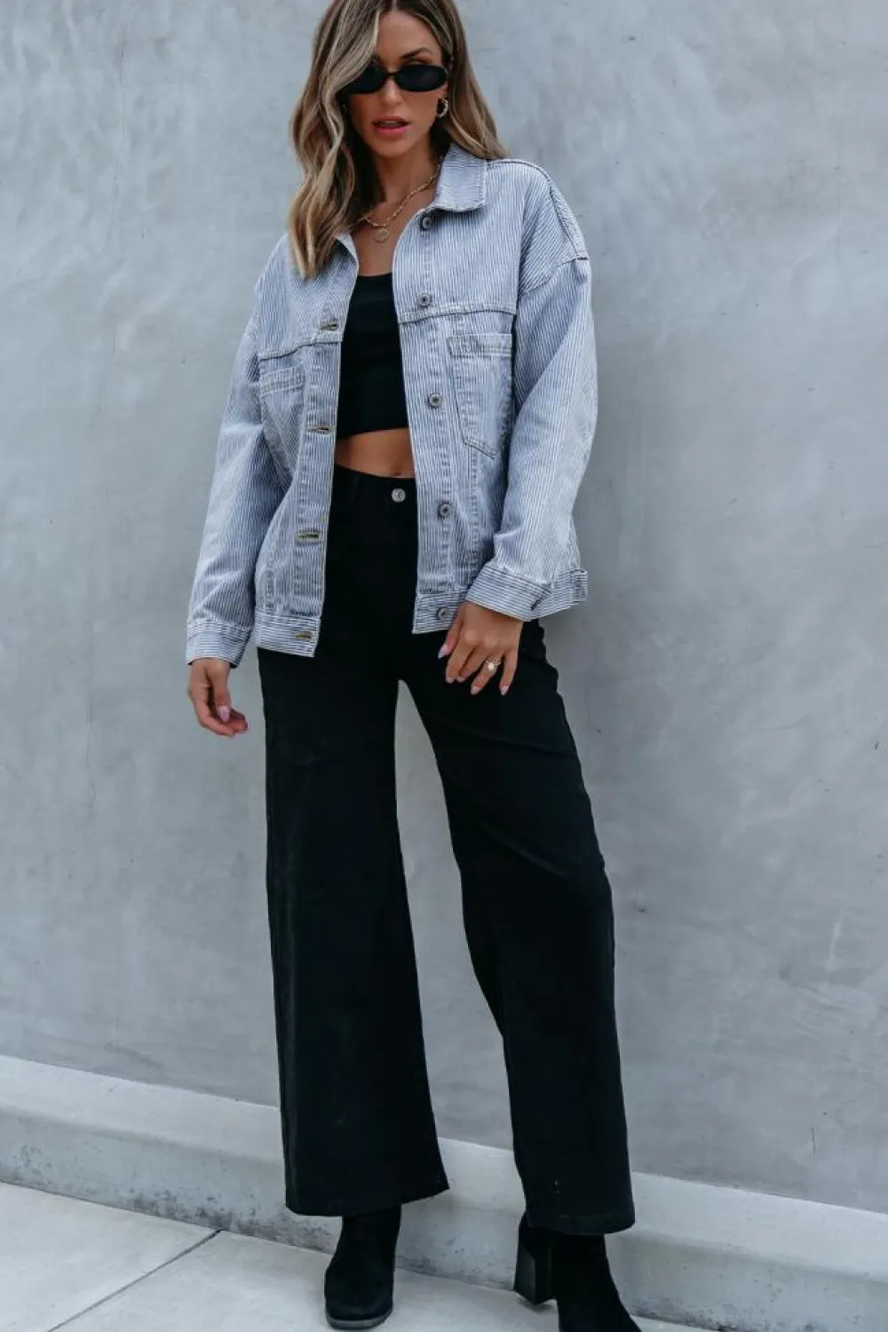 Hot Dear-Lover Washed Oversize Pocketed Denim Jacket Sky Blue Stripe
