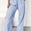 Hot Dear-Lover Wide Leg Buttoned Lace up Elastic High Waist Pants Sky Blue Stripe