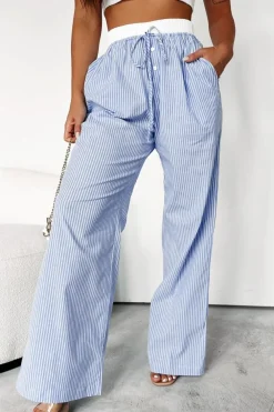 Hot Dear-Lover Wide Leg Buttoned Lace up Elastic High Waist Pants Sky Blue Stripe