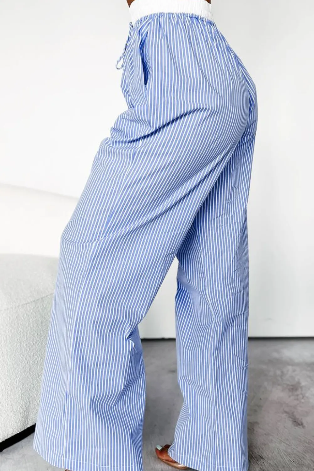 Hot Dear-Lover Wide Leg Buttoned Lace up Elastic High Waist Pants Sky Blue Stripe