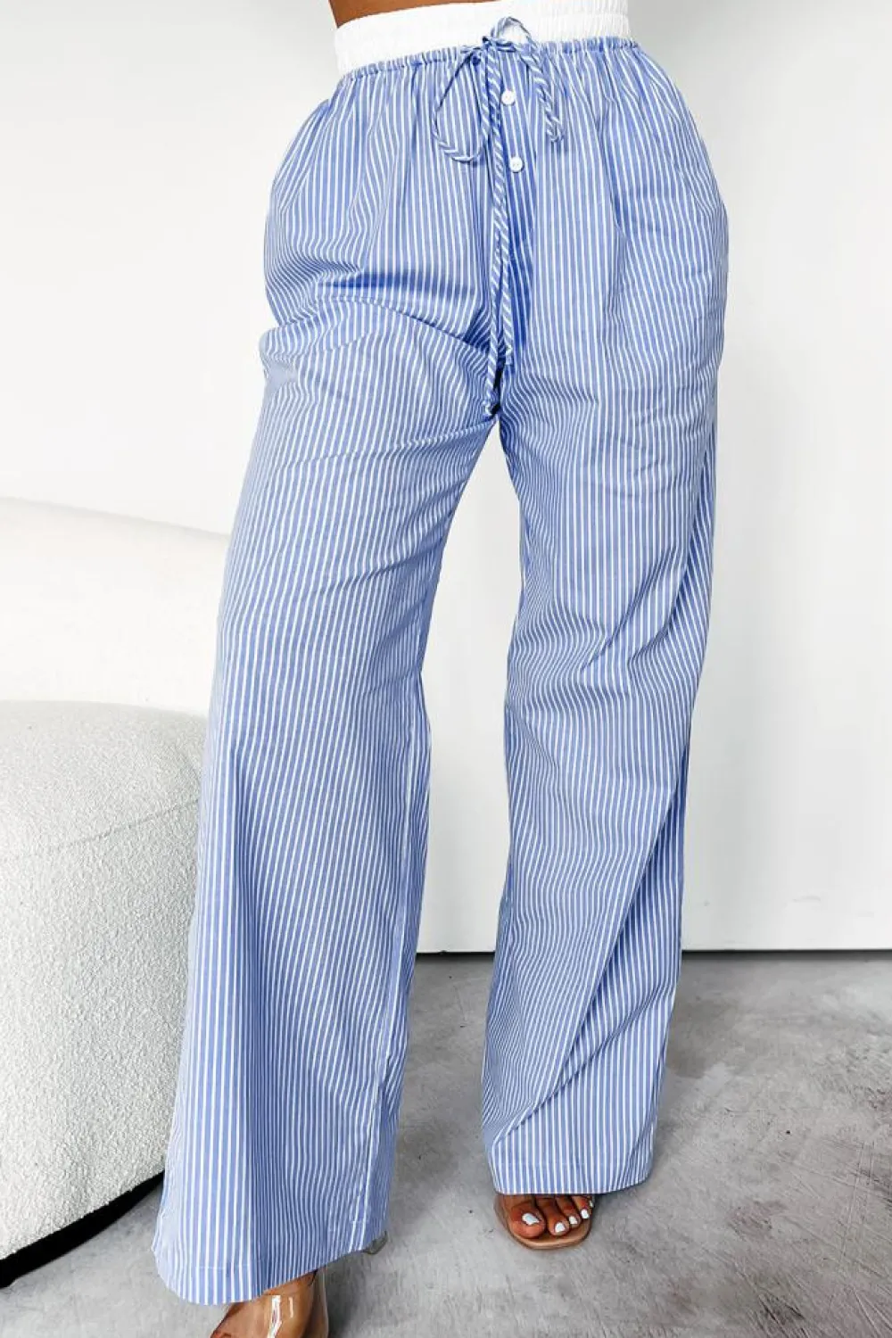 Hot Dear-Lover Wide Leg Buttoned Lace up Elastic High Waist Pants Sky Blue Stripe