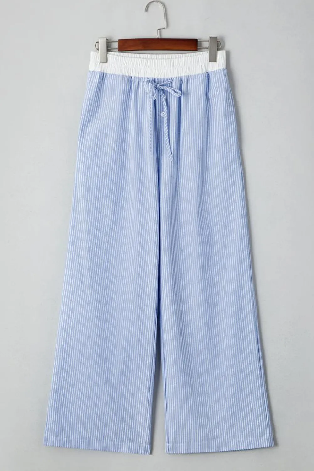 Hot Dear-Lover Wide Leg Buttoned Lace up Elastic High Waist Pants Sky Blue Stripe