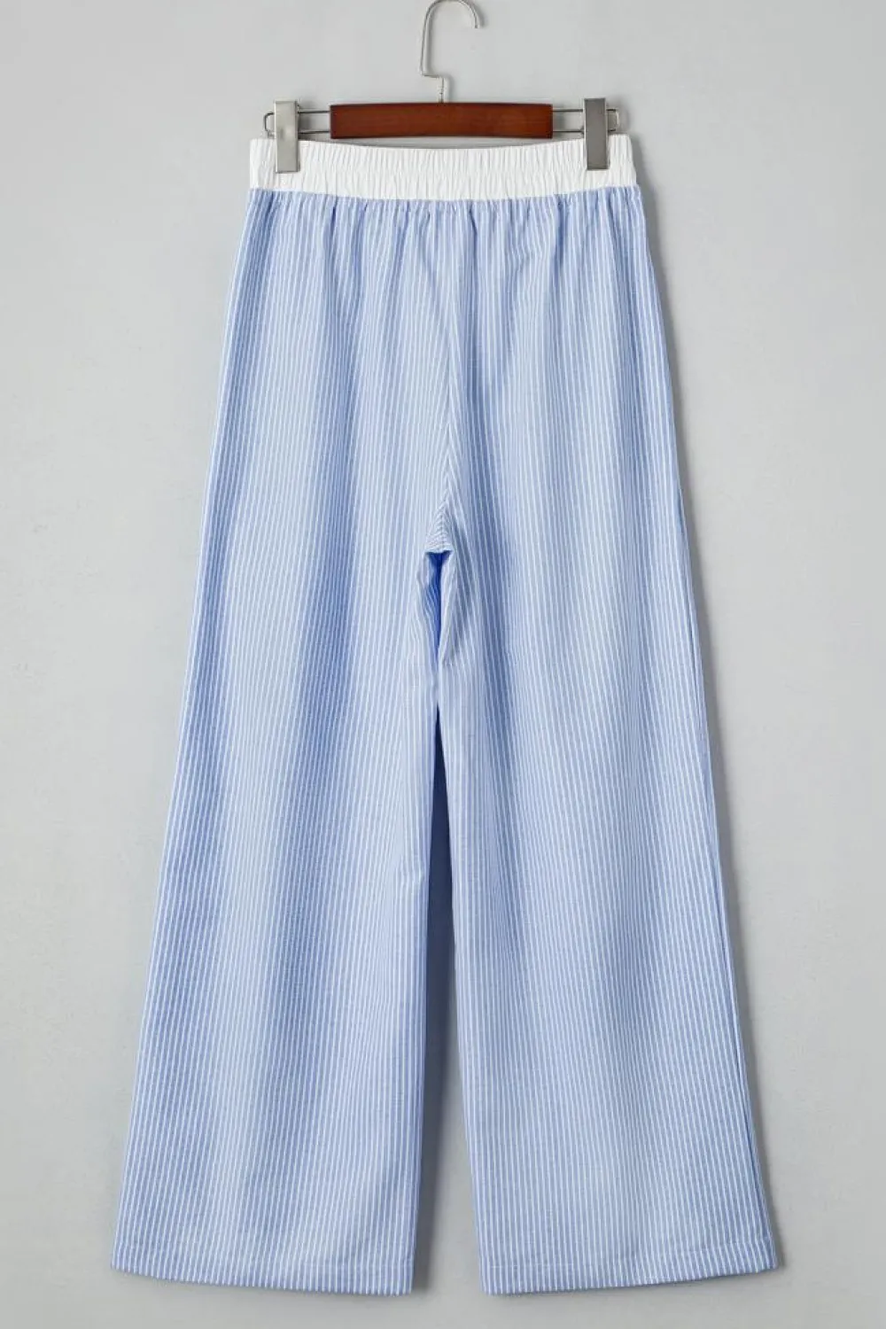 Hot Dear-Lover Wide Leg Buttoned Lace up Elastic High Waist Pants Sky Blue Stripe