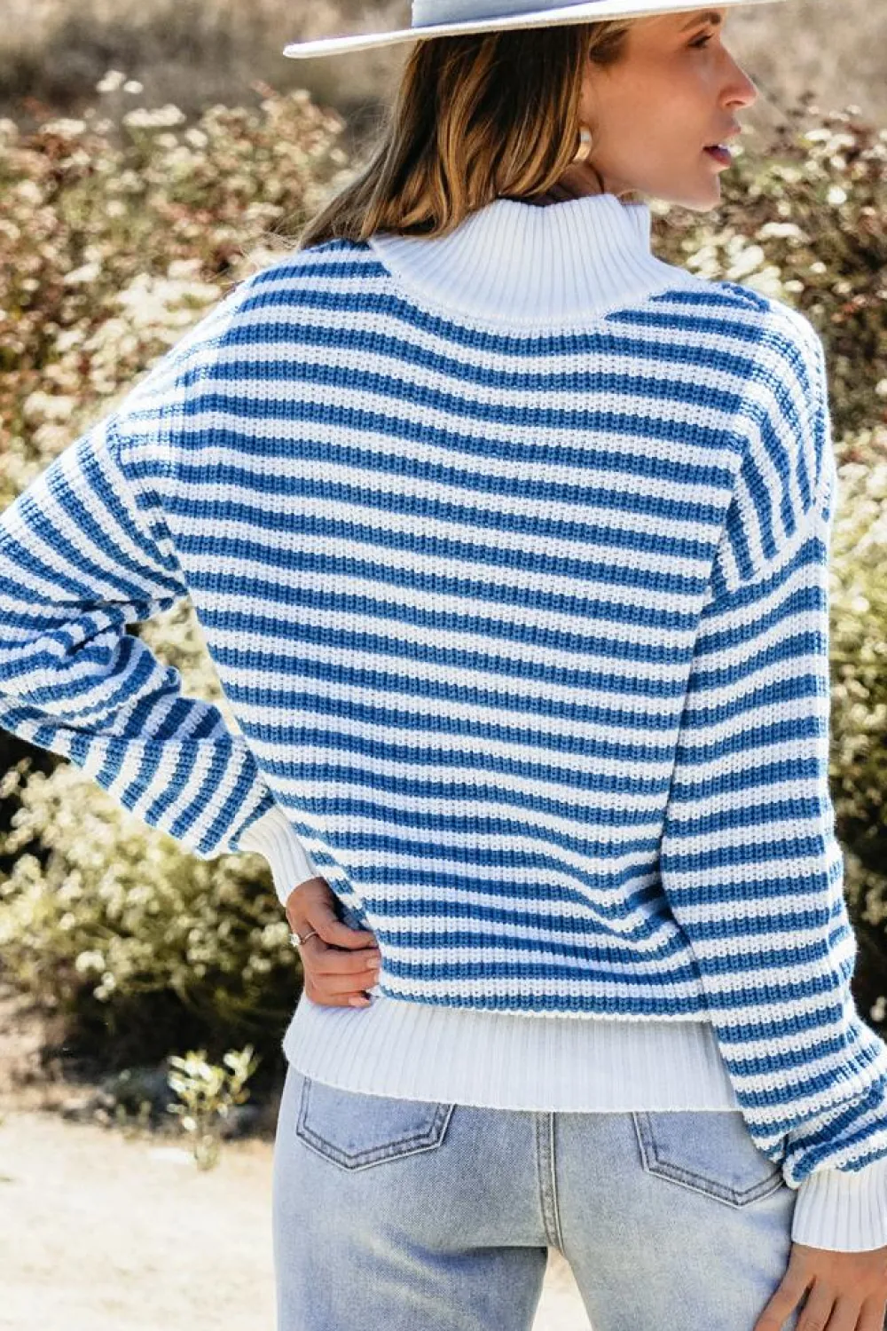 Best Dear-Lover Zip up Collar Drop Shoulder Sweater Sky Blue Stripe