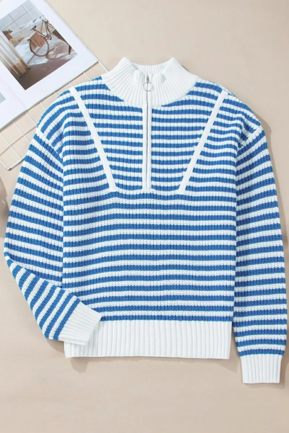 Best Dear-Lover Zip up Collar Drop Shoulder Sweater Sky Blue Stripe