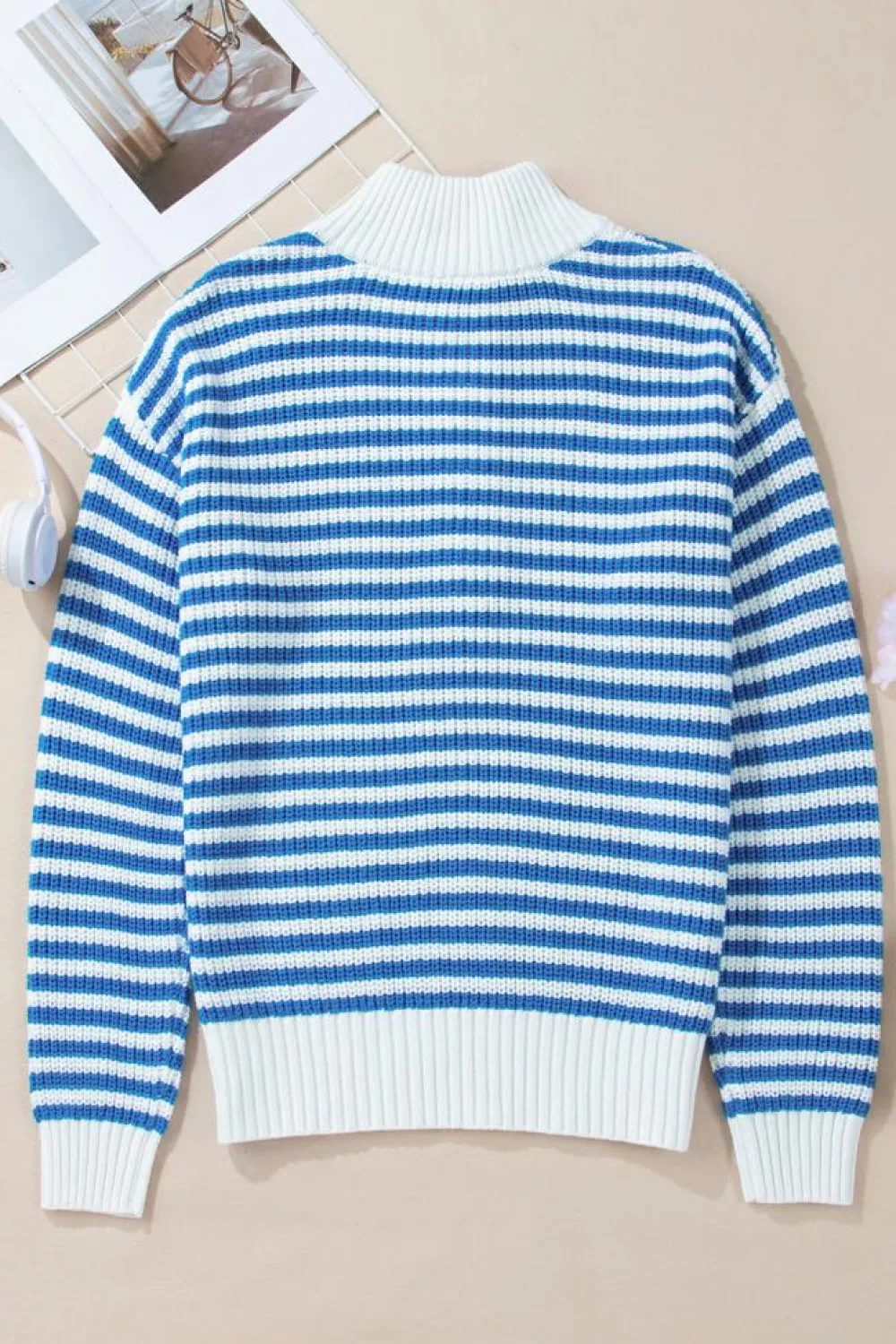 Best Dear-Lover Zip up Collar Drop Shoulder Sweater Sky Blue Stripe