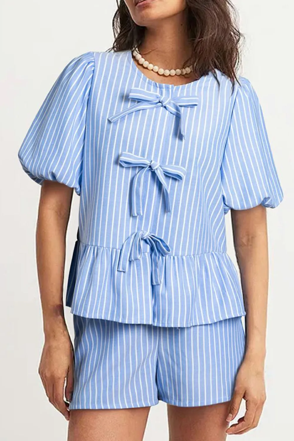 Fashion Dear-Lover Striped Bowknot Detail Puffy Sleeve Top and Shorts 2Pcs Set Sky Blue