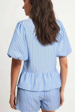 Fashion Dear-Lover Striped Bowknot Detail Puffy Sleeve Top and Shorts 2Pcs Set Sky Blue