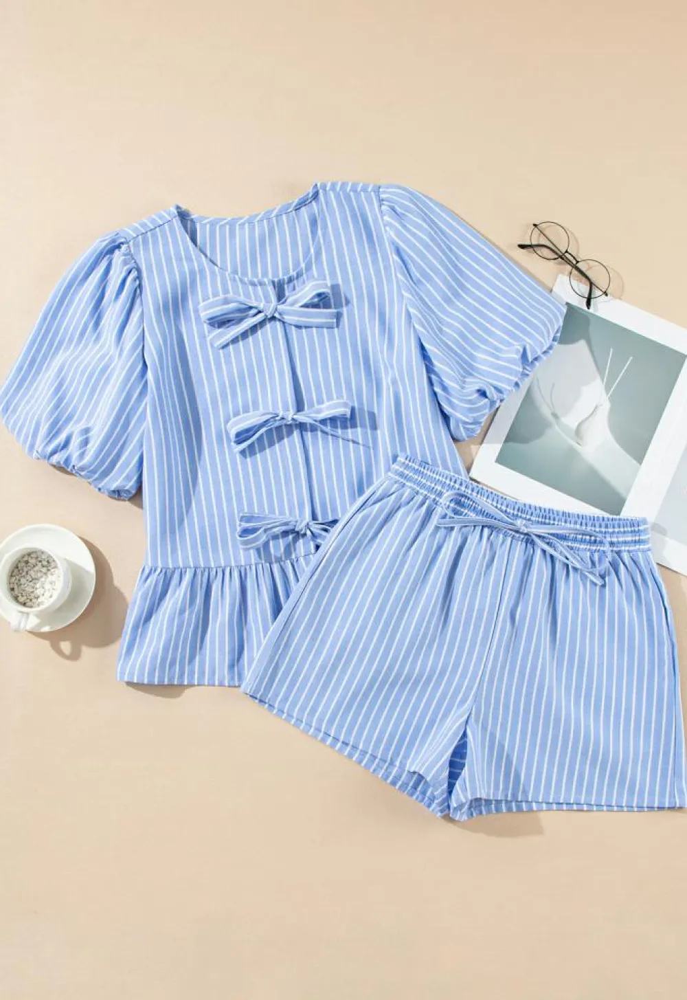 Fashion Dear-Lover Striped Bowknot Detail Puffy Sleeve Top and Shorts 2Pcs Set Sky Blue