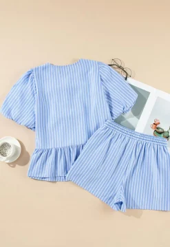 Fashion Dear-Lover Striped Bowknot Detail Puffy Sleeve Top and Shorts 2Pcs Set Sky Blue