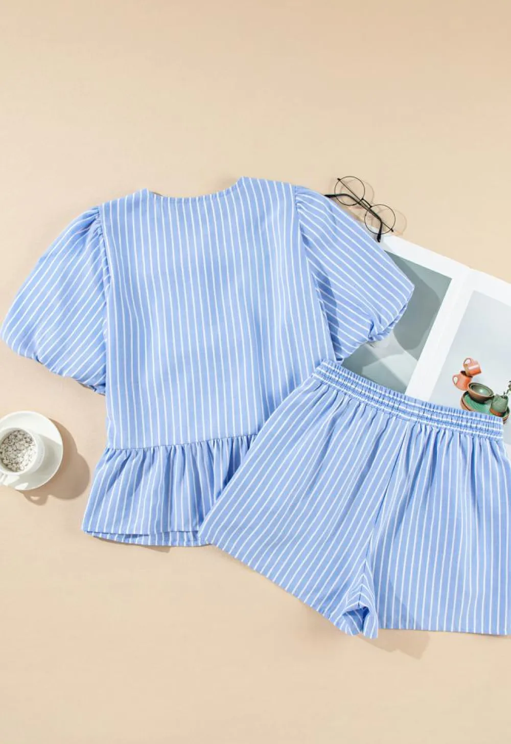 Fashion Dear-Lover Striped Bowknot Detail Puffy Sleeve Top and Shorts 2Pcs Set Sky Blue