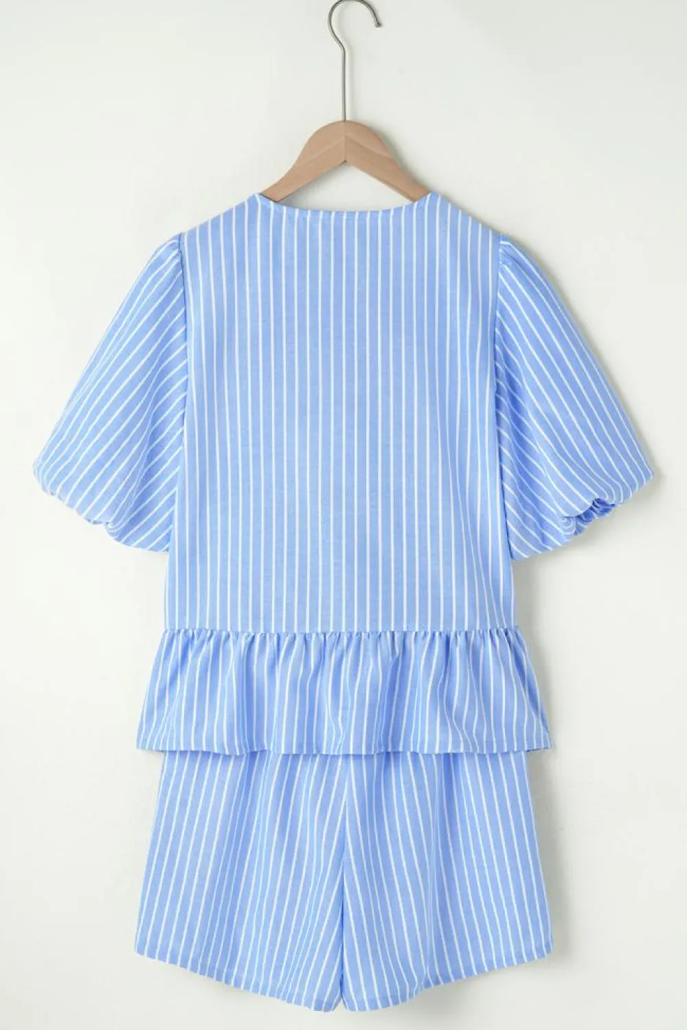 Fashion Dear-Lover Striped Bowknot Detail Puffy Sleeve Top and Shorts 2Pcs Set Sky Blue