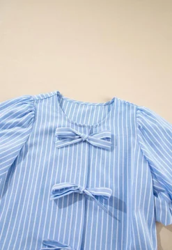 Fashion Dear-Lover Striped Bowknot Detail Puffy Sleeve Top and Shorts 2Pcs Set Sky Blue