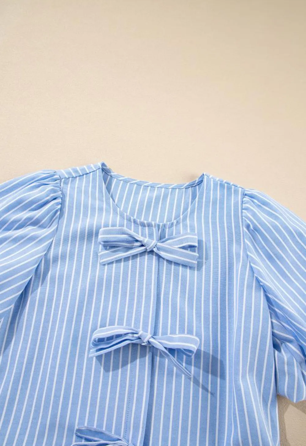 Fashion Dear-Lover Striped Bowknot Detail Puffy Sleeve Top and Shorts 2Pcs Set Sky Blue