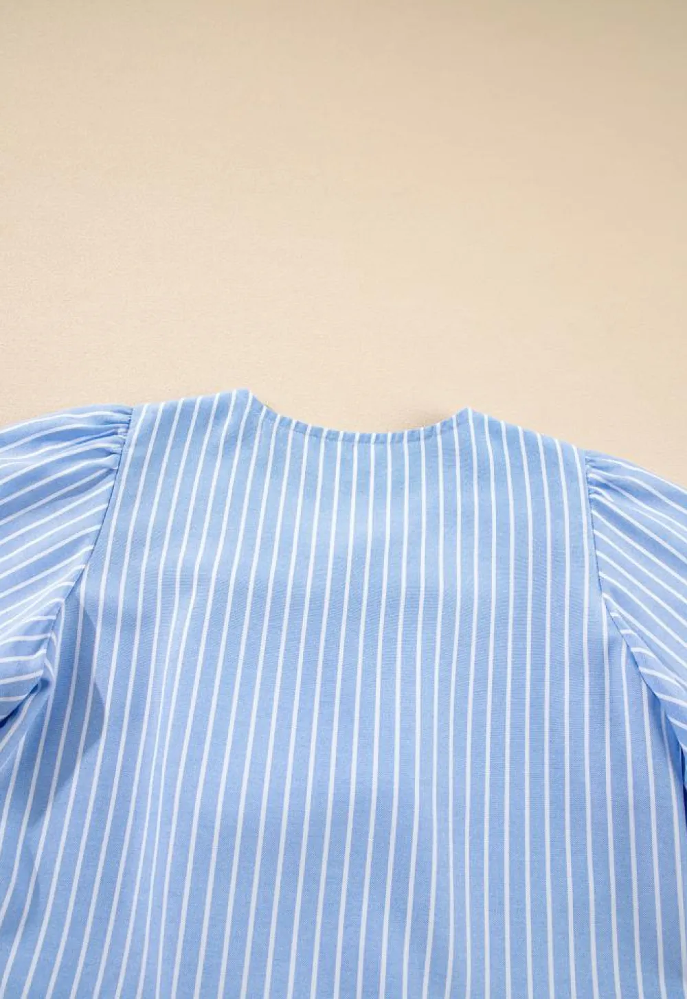 Fashion Dear-Lover Striped Bowknot Detail Puffy Sleeve Top and Shorts 2Pcs Set Sky Blue