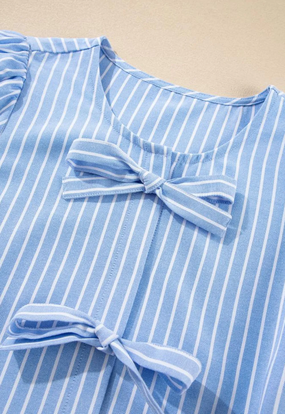 Fashion Dear-Lover Striped Bowknot Detail Puffy Sleeve Top and Shorts 2Pcs Set Sky Blue