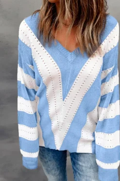 Discount Dear-Lover Striped Colorblock V Neck Knitted Sweater Sky Blue