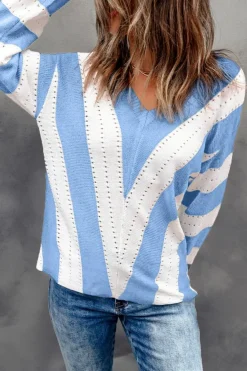Discount Dear-Lover Striped Colorblock V Neck Knitted Sweater Sky Blue