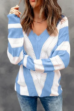 Discount Dear-Lover Striped Colorblock V Neck Knitted Sweater Sky Blue