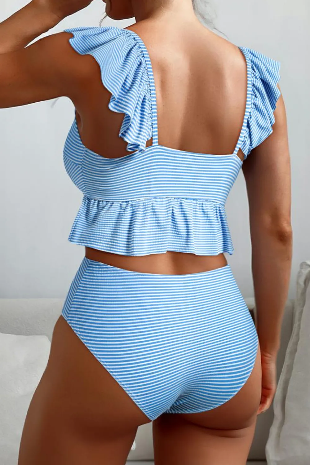 Clearance Dear-Lover Striped Ruffled Shoulder Peplum Top 2 Piece Tankinis Sky Blue