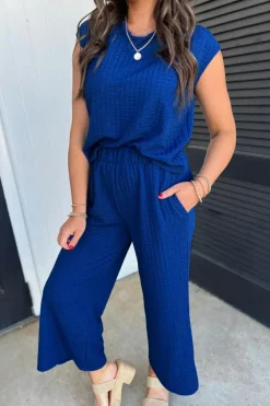 Clearance Dear-Lover Textured Knit Cap Sleeve T Shirt and Wide Leg Pants Set Sky Blue