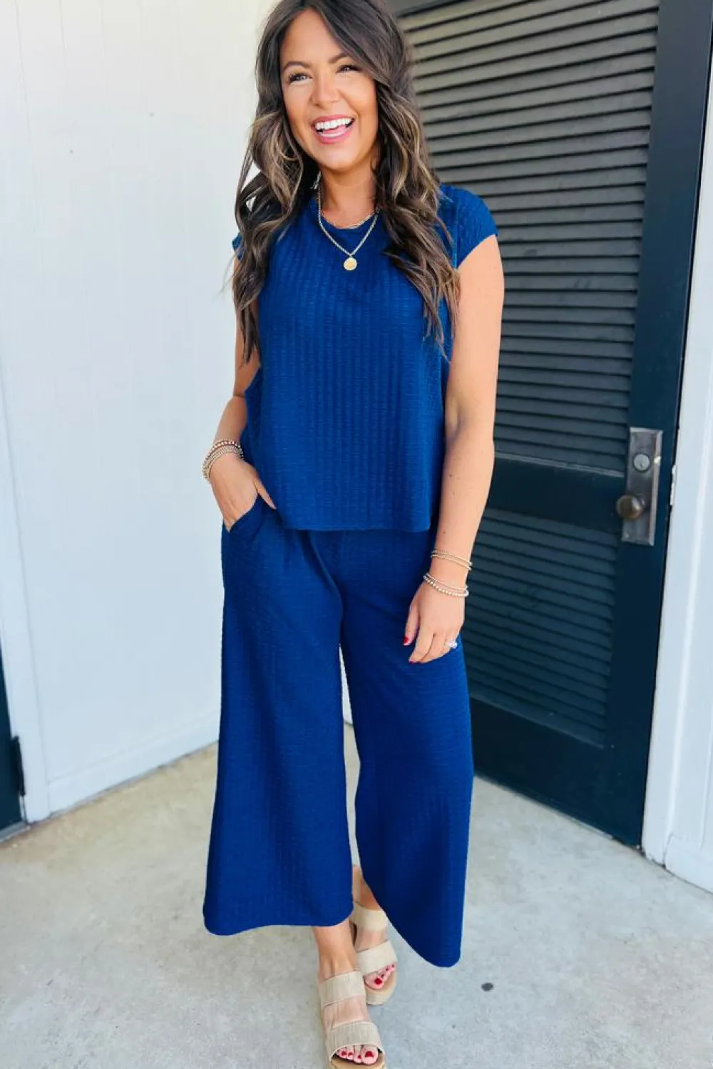 Clearance Dear-Lover Textured Knit Cap Sleeve T Shirt and Wide Leg Pants Set Sky Blue