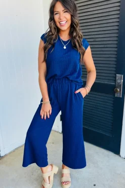 Clearance Dear-Lover Textured Knit Cap Sleeve T Shirt and Wide Leg Pants Set Sky Blue