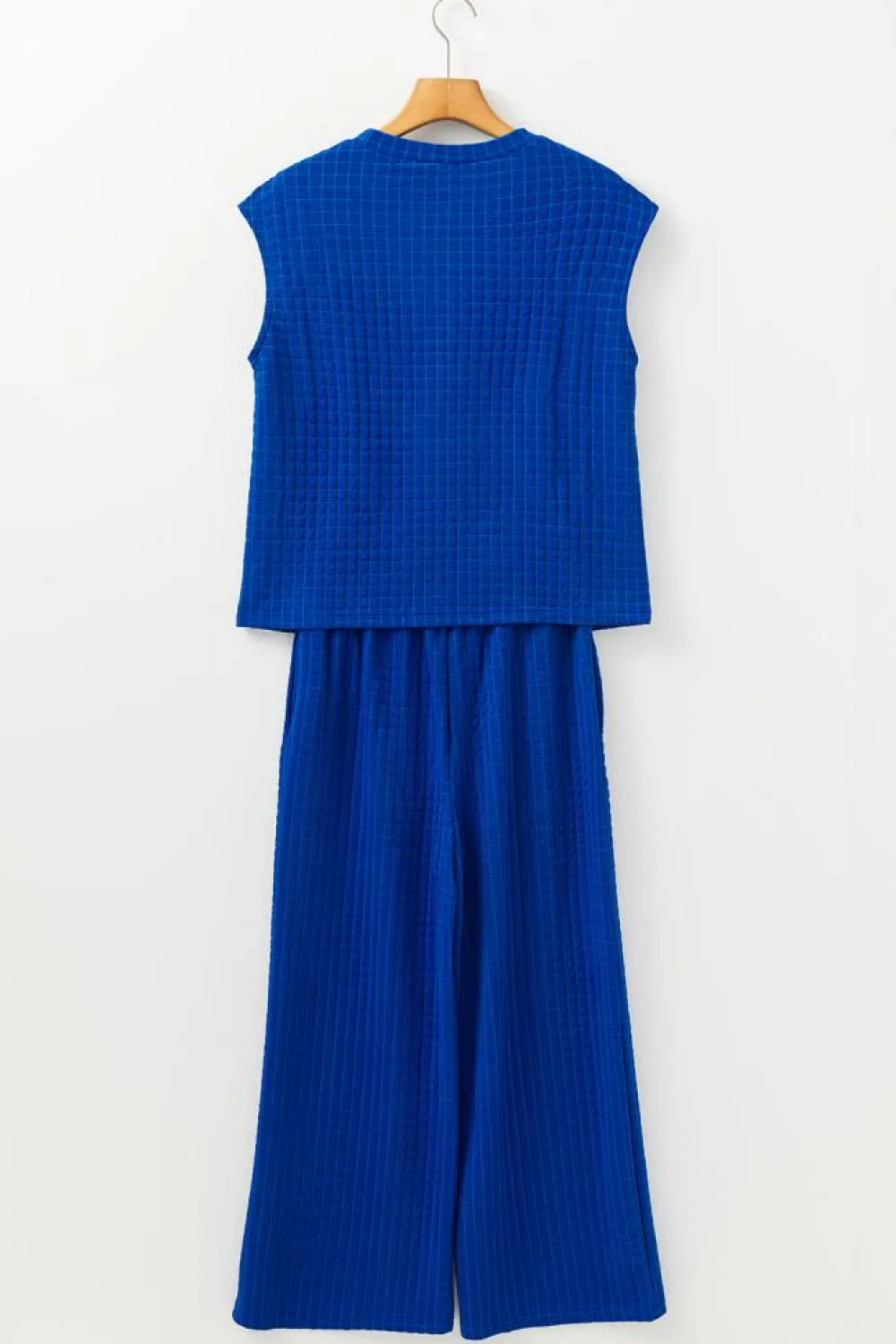 Clearance Dear-Lover Textured Knit Cap Sleeve T Shirt and Wide Leg Pants Set Sky Blue