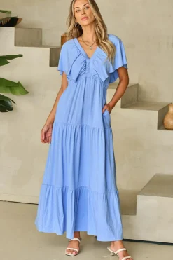 Online Dear-Lover Textured V Neck Flutter Sleeve Ruffled Maxi Dress Sky Blue