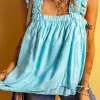 Sale Dear-Lover Tribal Pattern Print Ruffled Wide Straps Loose Tank Top Sky Blue