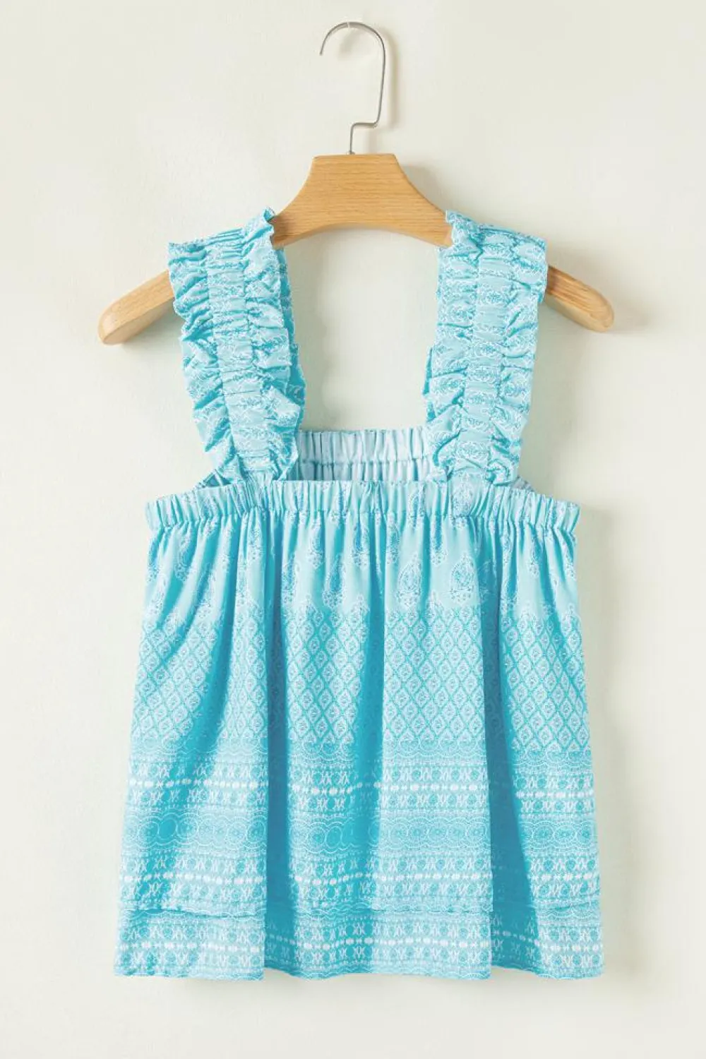 Sale Dear-Lover Tribal Pattern Print Ruffled Wide Straps Loose Tank Top Sky Blue
