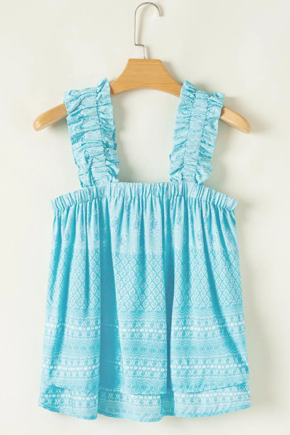 Sale Dear-Lover Tribal Pattern Print Ruffled Wide Straps Loose Tank Top Sky Blue