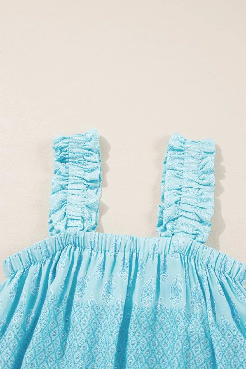 Sale Dear-Lover Tribal Pattern Print Ruffled Wide Straps Loose Tank Top Sky Blue