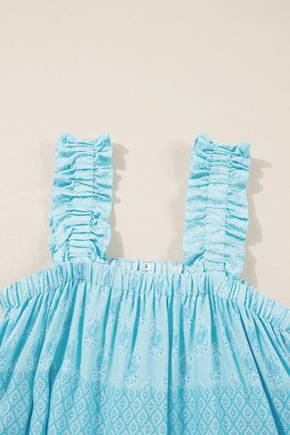 Sale Dear-Lover Tribal Pattern Print Ruffled Wide Straps Loose Tank Top Sky Blue