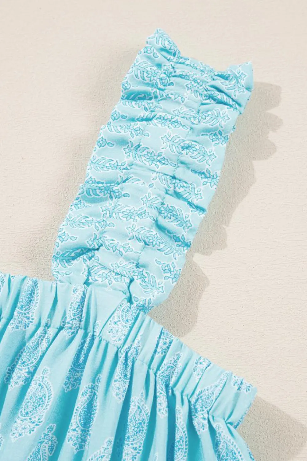 Sale Dear-Lover Tribal Pattern Print Ruffled Wide Straps Loose Tank Top Sky Blue