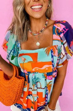 Best Dear-Lover Tropical Printed Square Neck Flutter Sleeve Babydoll Blouse Sky Blue