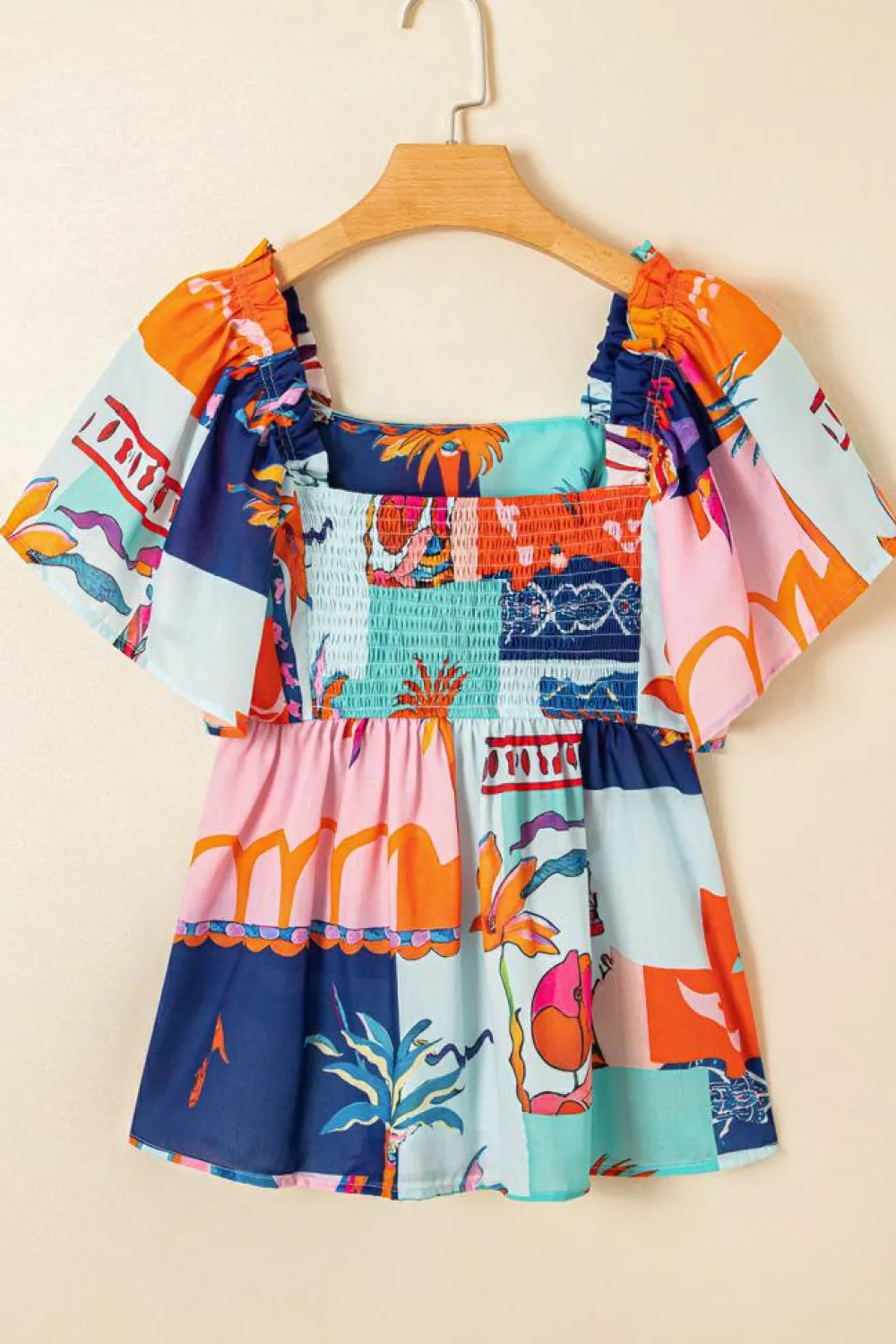 Best Dear-Lover Tropical Printed Square Neck Flutter Sleeve Babydoll Blouse Sky Blue