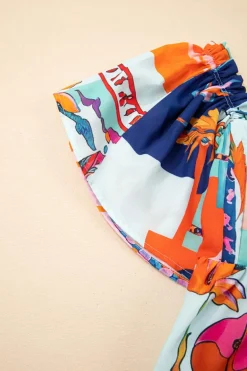 Best Dear-Lover Tropical Printed Square Neck Flutter Sleeve Babydoll Blouse Sky Blue