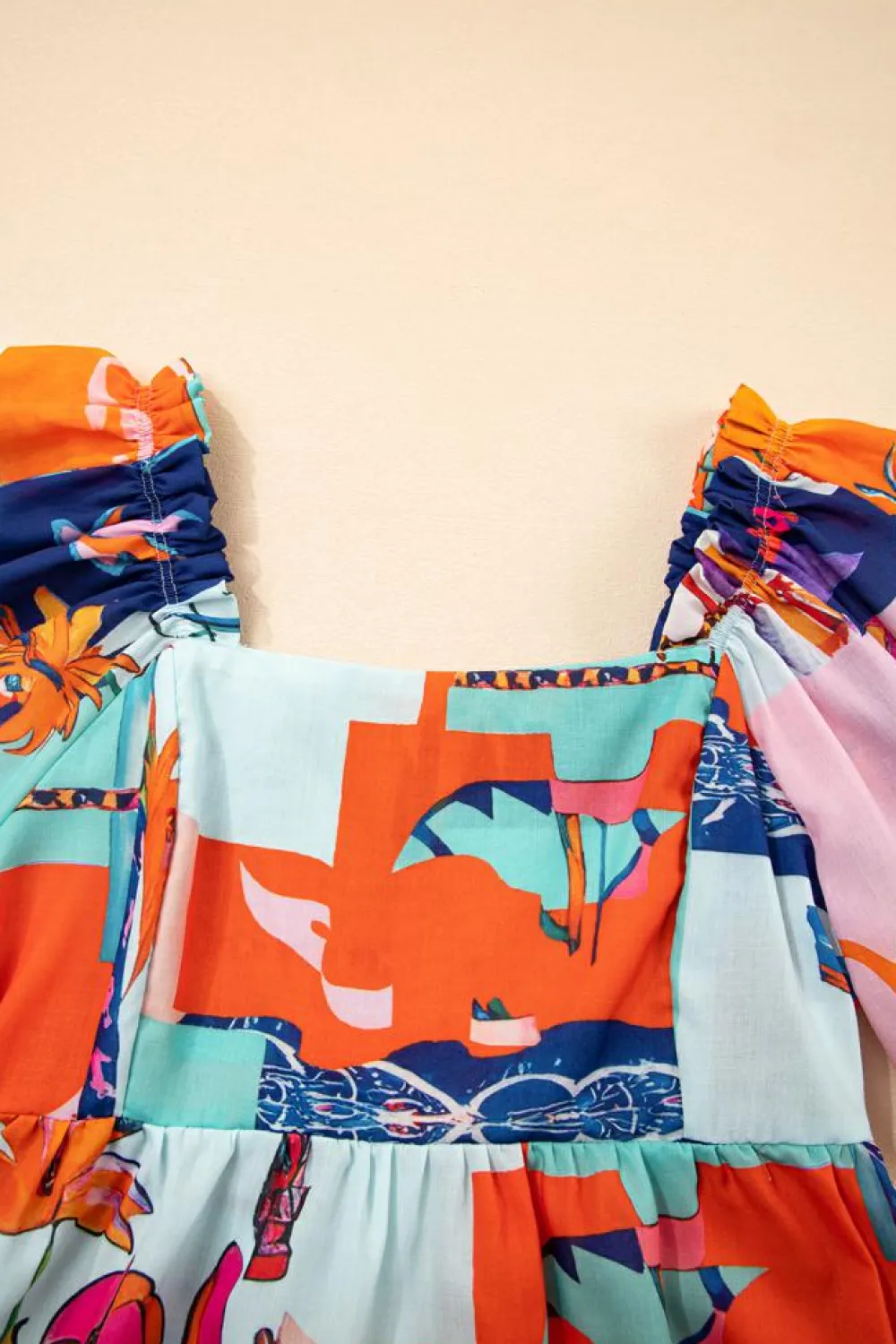 Best Dear-Lover Tropical Printed Square Neck Flutter Sleeve Babydoll Blouse Sky Blue
