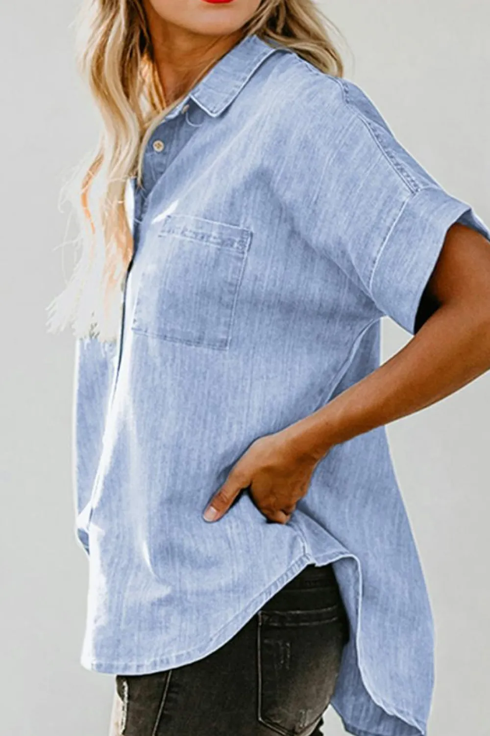 Fashion Dear-Lover Turn-down Collar Short Sleeve Denim Shirt Sky Blue-3