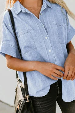 Fashion Dear-Lover Turn-down Collar Short Sleeve Denim Shirt Sky Blue-3