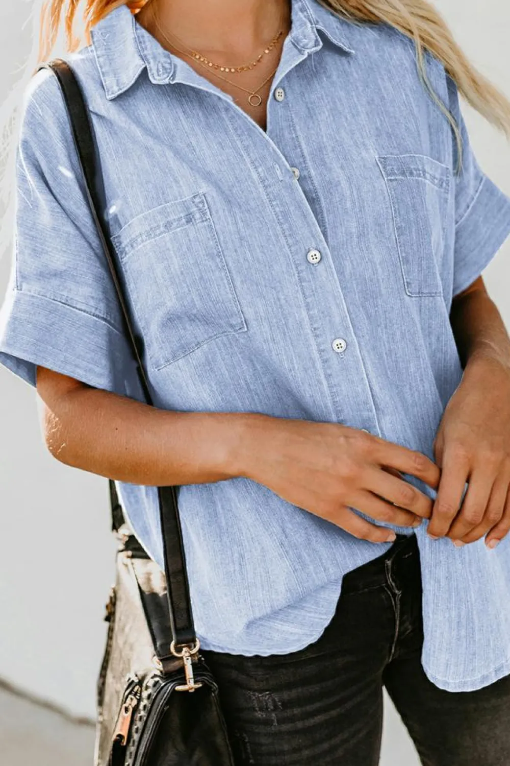Fashion Dear-Lover Turn-down Collar Short Sleeve Denim Shirt Sky Blue-3