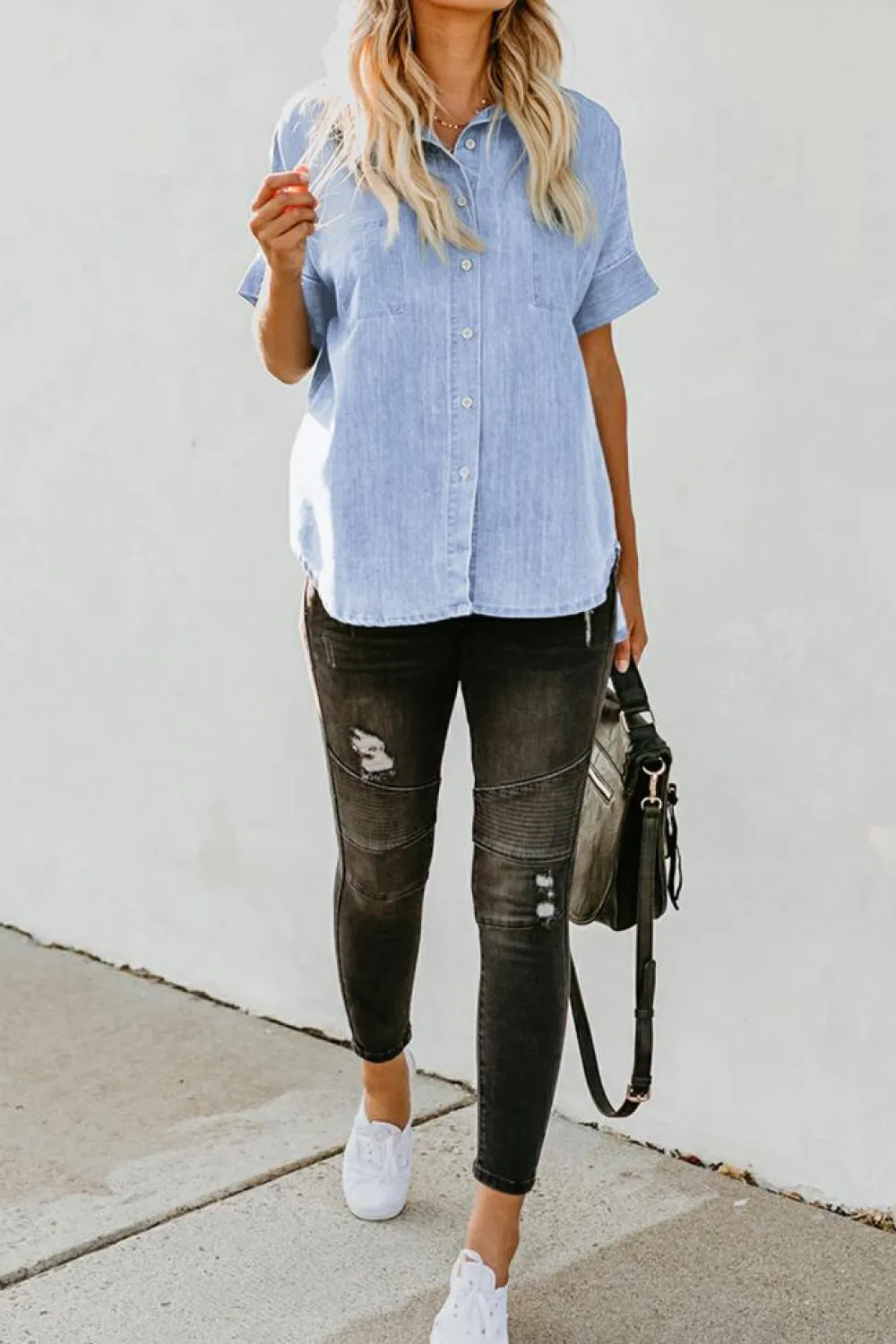 Fashion Dear-Lover Turn-down Collar Short Sleeve Denim Shirt Sky Blue-3