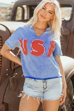 Outlet Dear-Lover USA Patch Mineral Wash Notch V Neck Vintage Graphic T Shirt Sky Blue