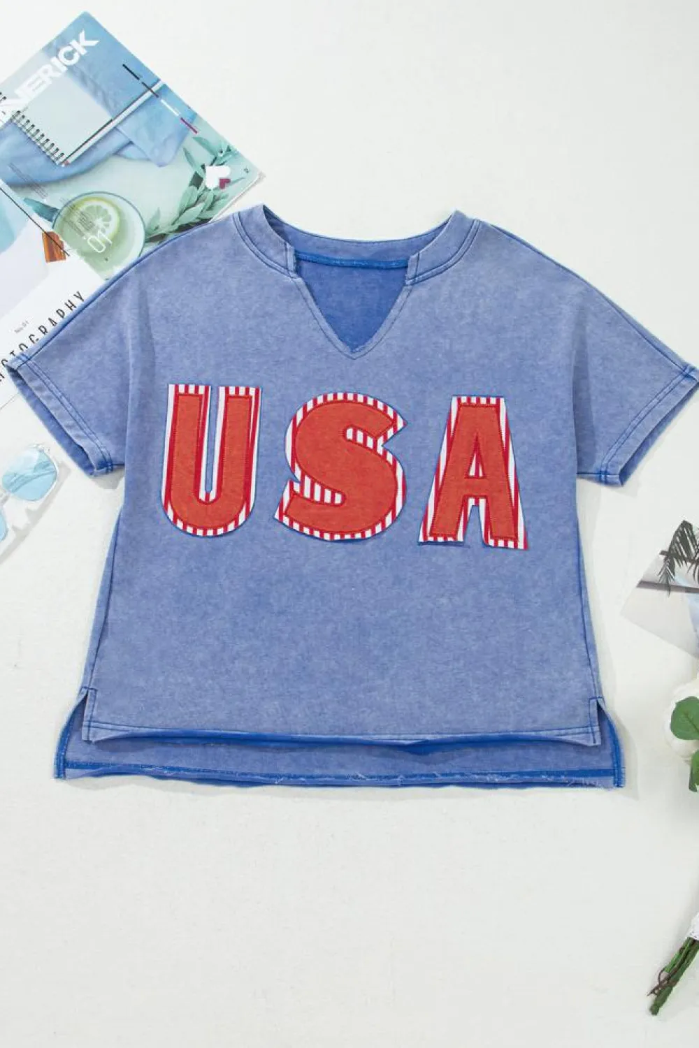 Outlet Dear-Lover USA Patch Mineral Wash Notch V Neck Vintage Graphic T Shirt Sky Blue