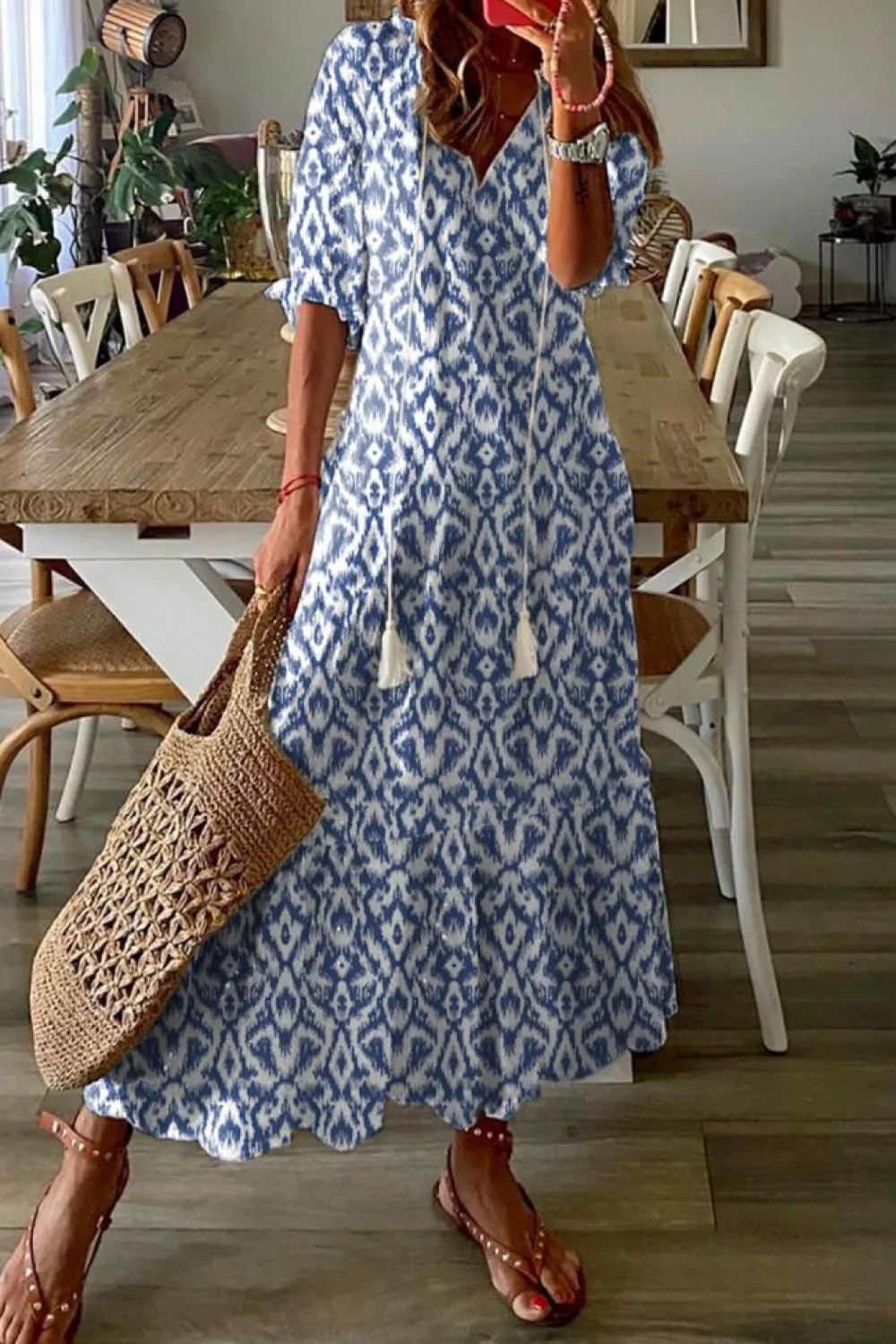 Outlet Dear-Lover V Neck Casual Geometric Print Maxi Dress Sky Blue