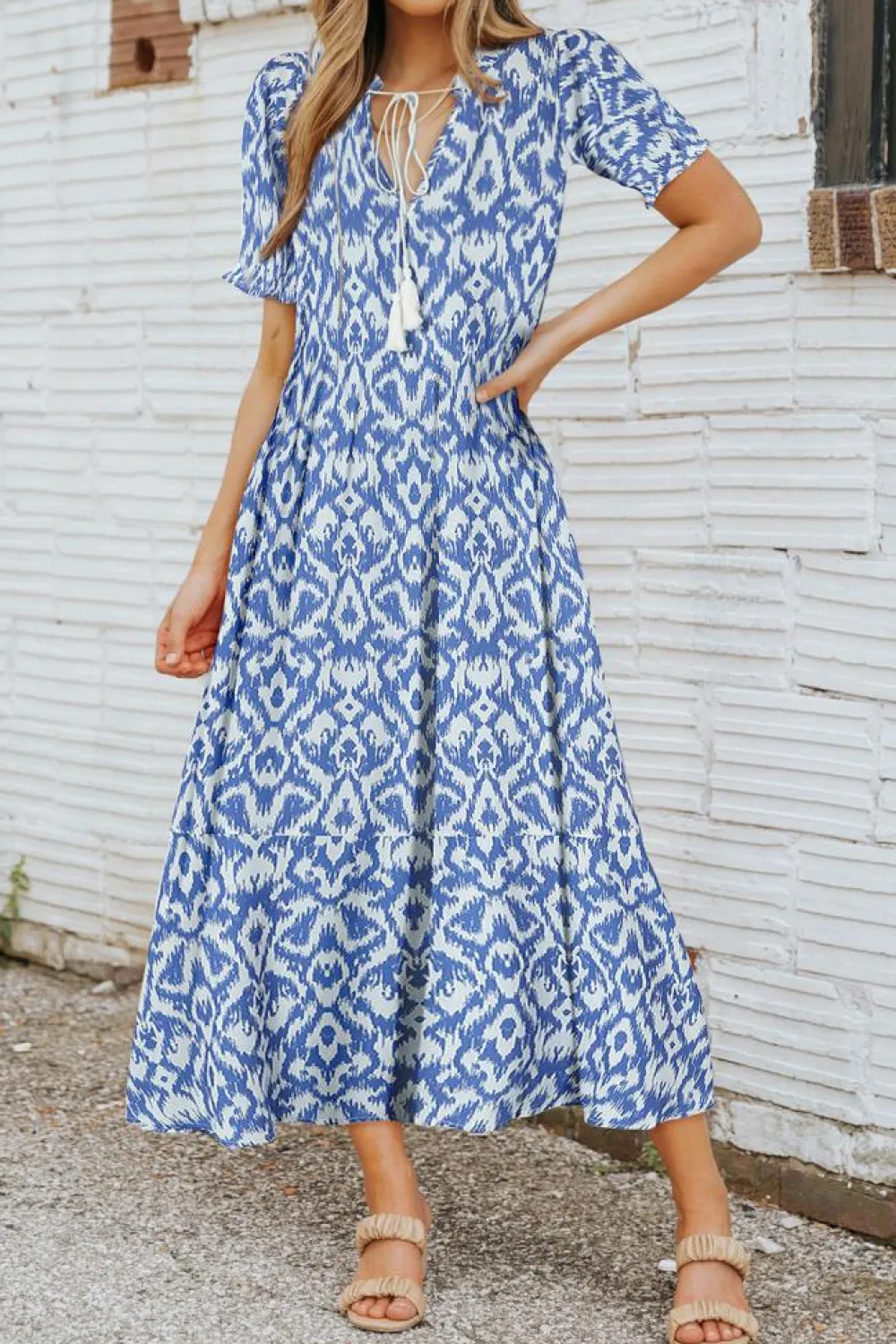 Outlet Dear-Lover V Neck Casual Geometric Print Maxi Dress Sky Blue