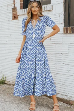 Outlet Dear-Lover V Neck Casual Geometric Print Maxi Dress Sky Blue
