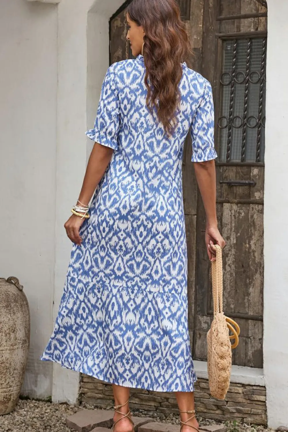Outlet Dear-Lover V Neck Casual Geometric Print Maxi Dress Sky Blue