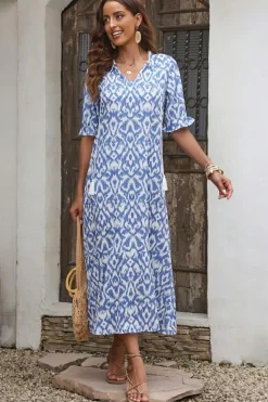 Outlet Dear-Lover V Neck Casual Geometric Print Maxi Dress Sky Blue